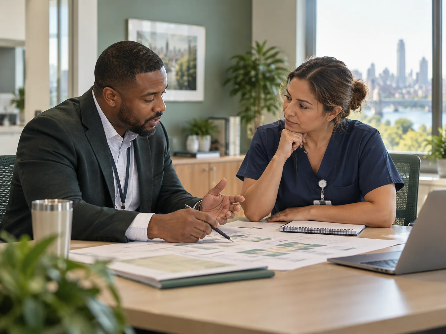A healthcare operations leader and clinical manager reviewing a workflow together